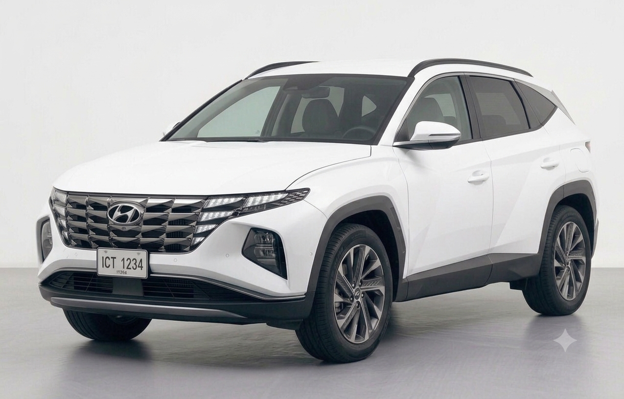 Front three-quarter view of a Shimmering Silver Hyundai Tucson SUV parked on a city street.