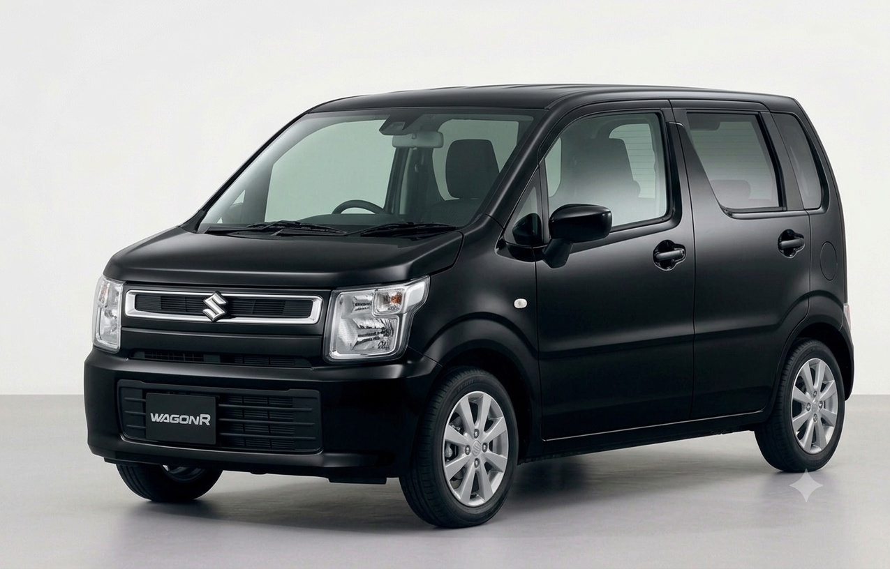 Front three-quarter view of a silver Suzuki Wagon R hatchback parked on a modern city street.
