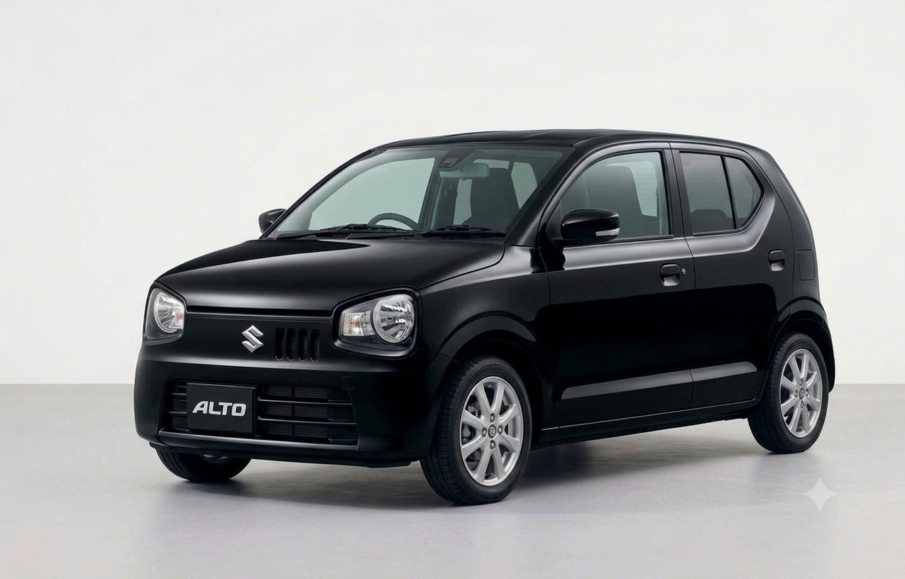 Front three-quarter view of a new Suzuki Alto hatchback parked on a city street.
