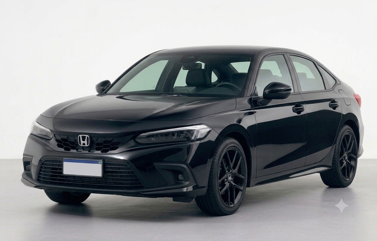 Front three-quarter view of a sleek black Honda Civic sedan parked on a clean city street.