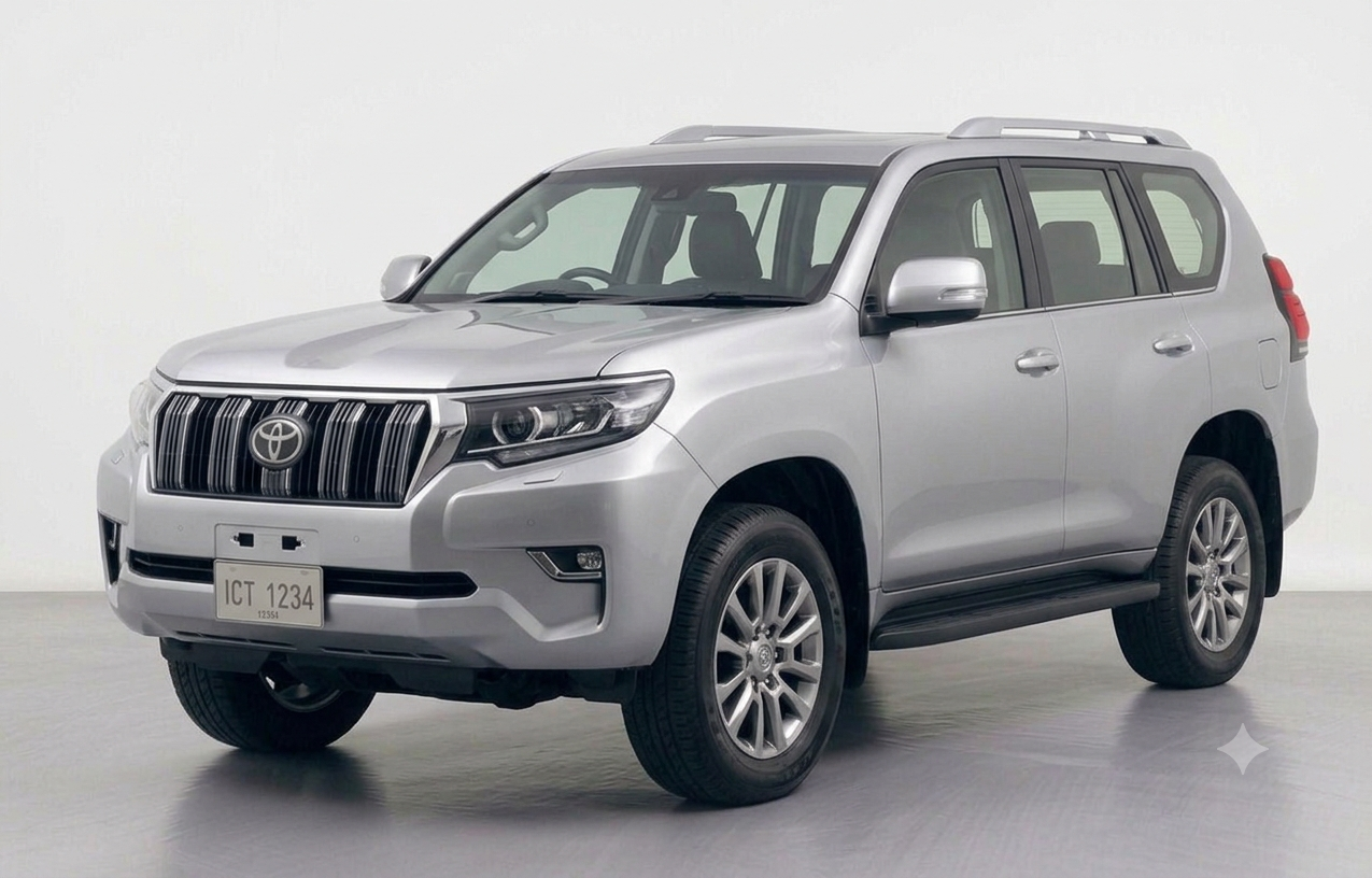 Front three-quarter view of a Platinum White Pearl Toyota Land Cruiser Prado parked on a modern city street.