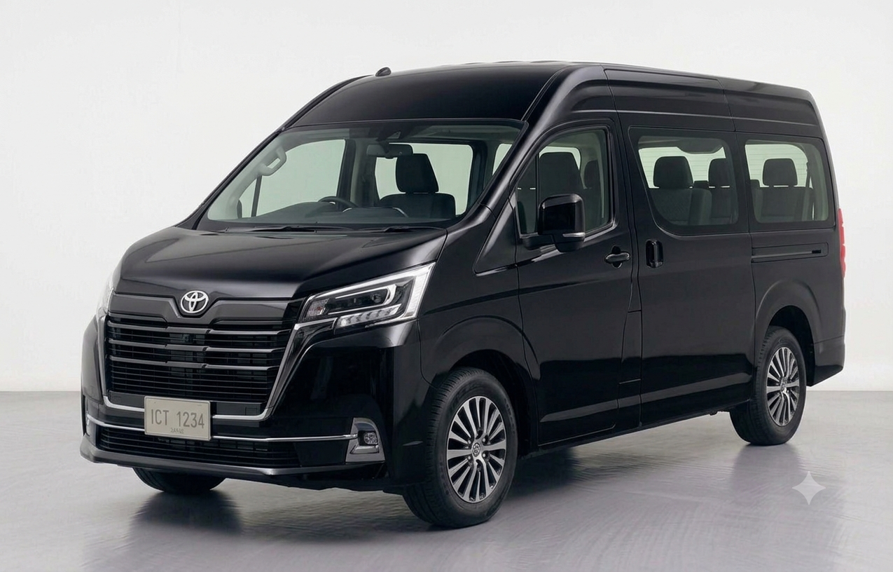 Front three-quarter view of a sleek black Toyota Hiace commercial van parked on a modern city street.