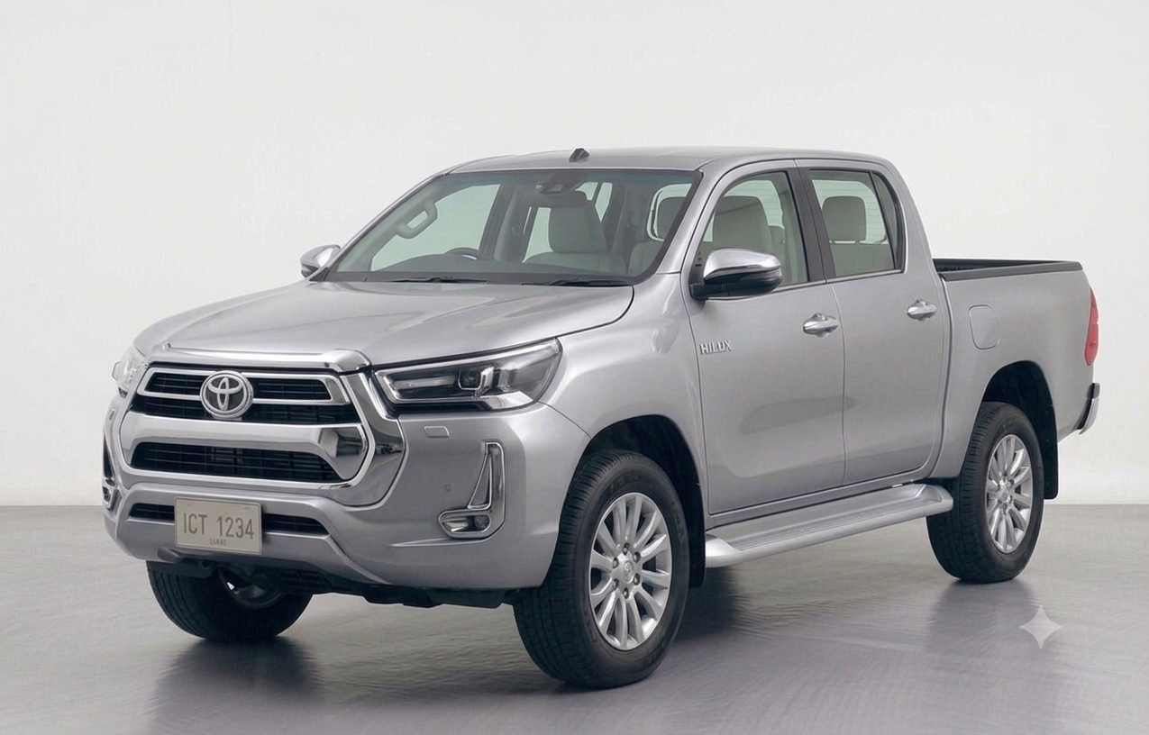 Front three-quarter view of a Super White Toyota Hilux Revo 4x4 pickup truck on an outdoor trail.