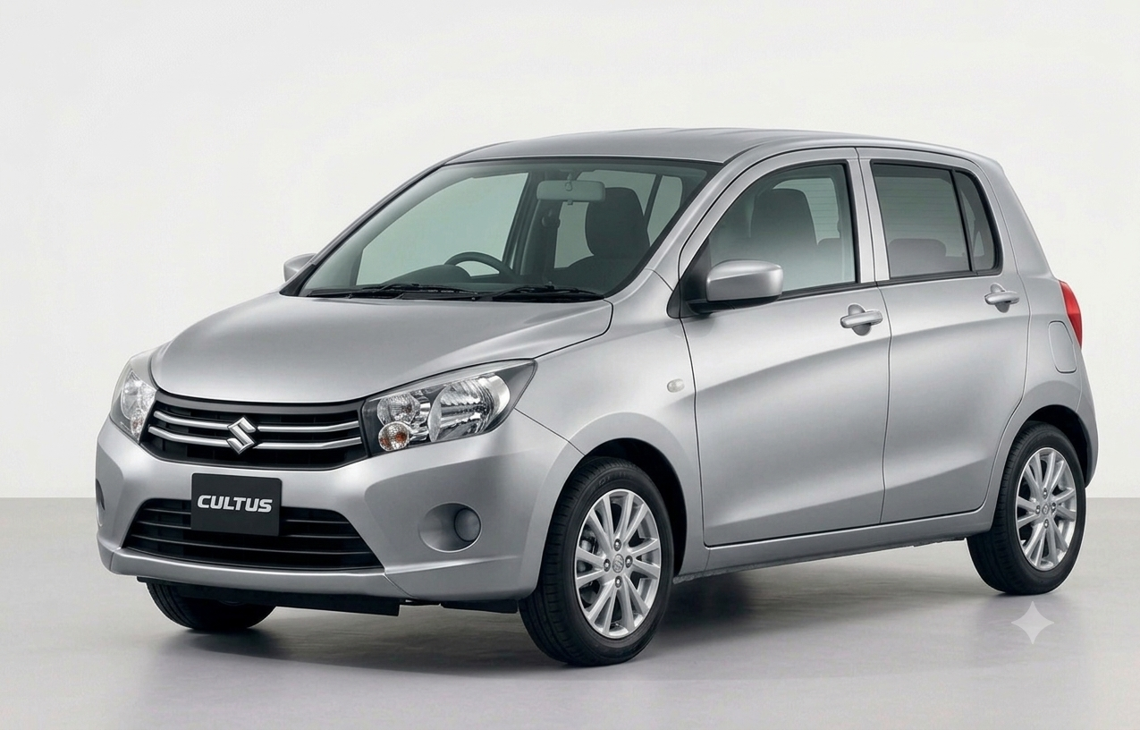 Front three-quarter view of a silver Suzuki Cultus hatchback parked on a city street.