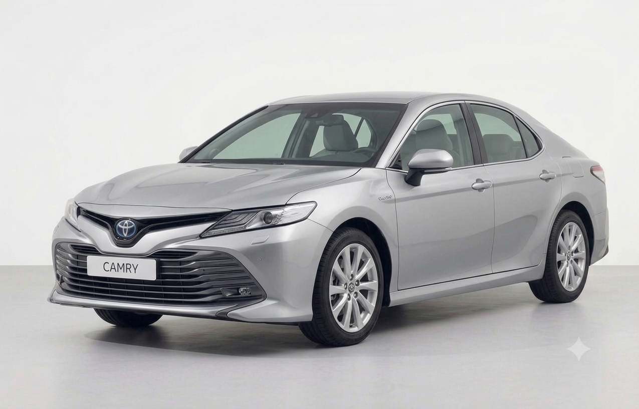 Front profile view of the 2026 Toyota Camry Hybrid in metallic silver, showcasing its sporty grille and LED headlights.