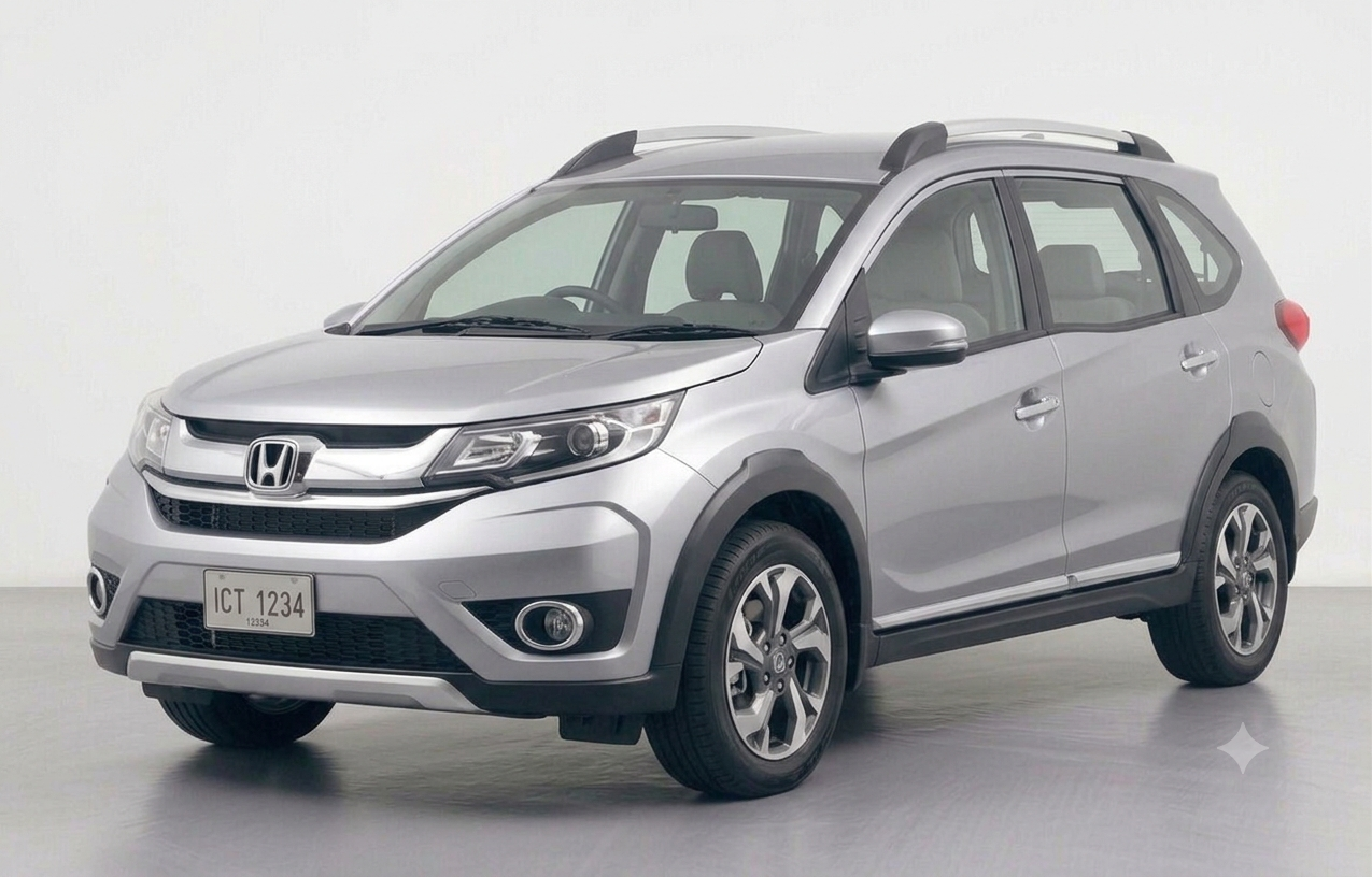 Front three-quarter view of a Lunar Silver Metallic Honda BR-V 7-seater MPV parked on a modern street.