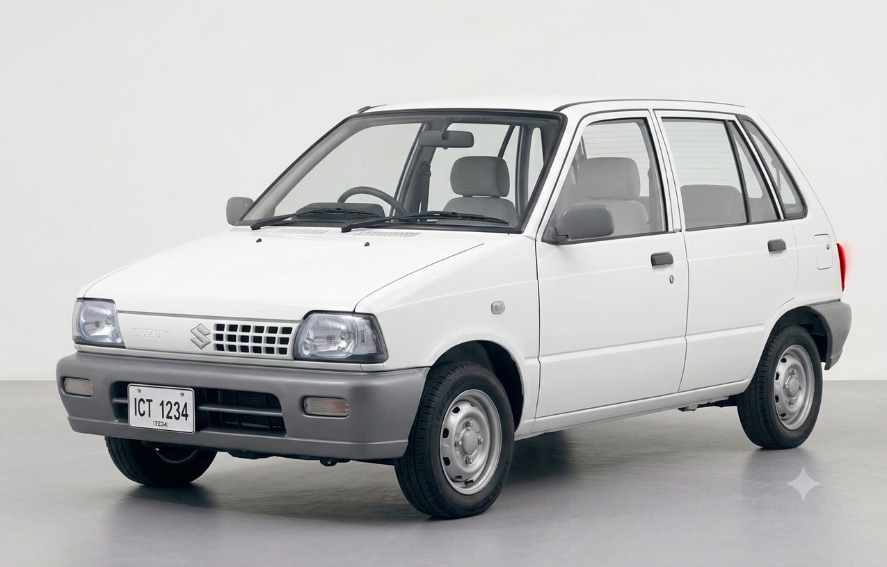 Front three-quarter view of a silver Suzuki Mehran hatchback parked on a paved street.