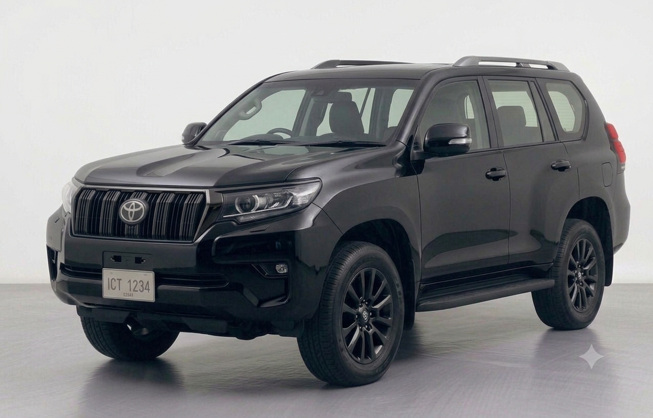 Front three-quarter view of a sleek black Toyota Land Cruiser V8 SUV parked on a city street.