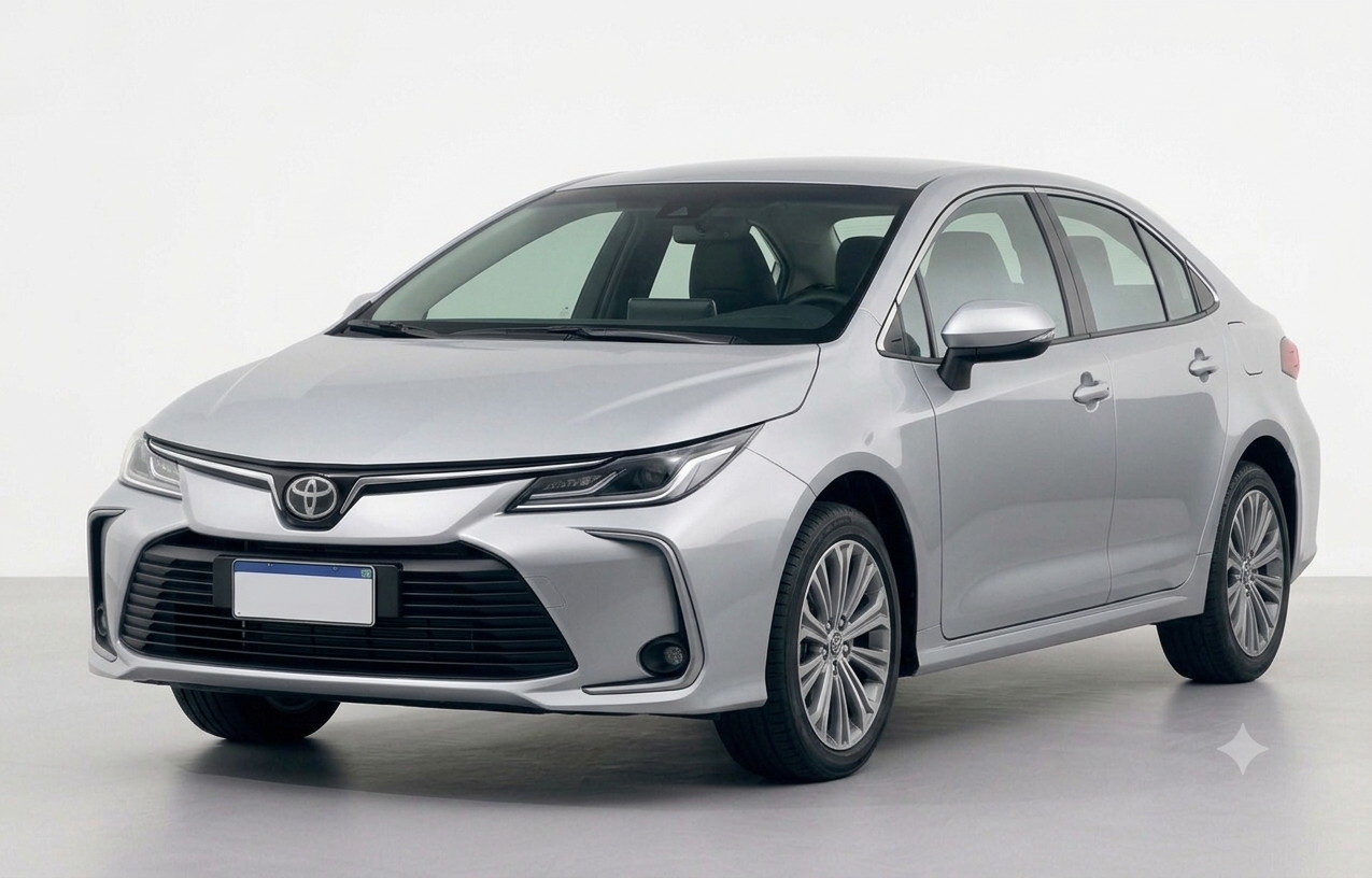 Front three-quarter view of a silver metallic Toyota Corolla Altis parked on a clean, modern street.