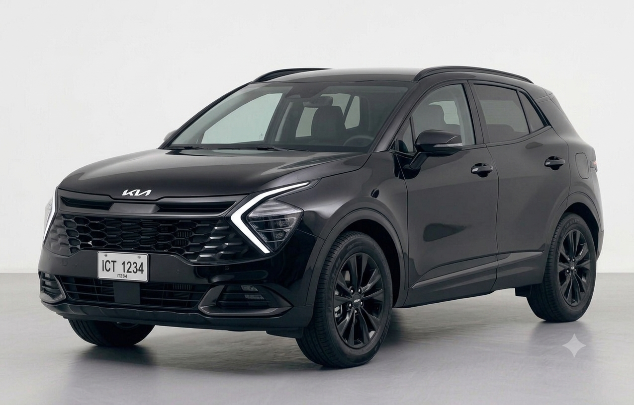 Front three-quarter view of a sleek black Kia Sportage SUV parked on a modern city street.