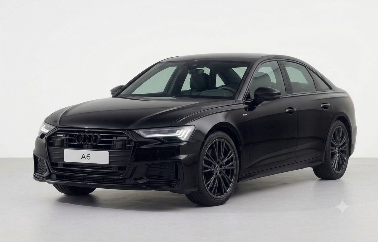Front three-quarter view of a metallic black 2026 Audi A6 luxury sedan showing the Singleframe grille
