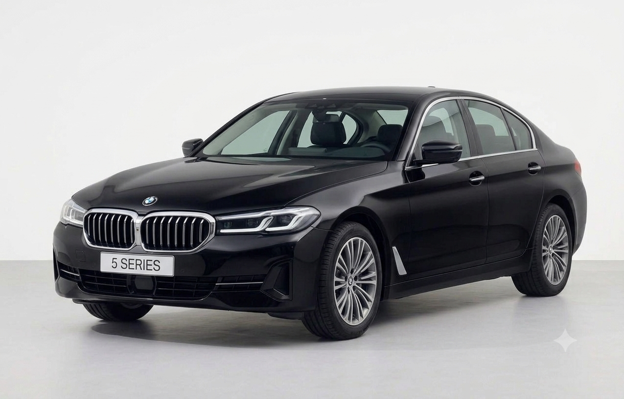 Side profile view of a sleek black BMW 5 Series parked on a city street.