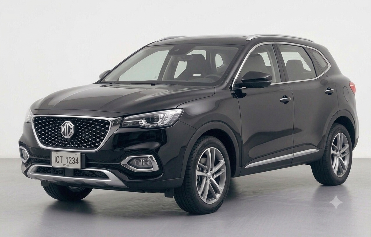 Front three-quarter view of a sleek Black Pearl MG HS Hybrid SUV showcasing its bold grille and LED headlights.