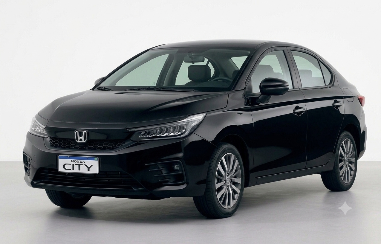 Front three-quarter view of a sleek black Honda City sedan showcasing its signature grille and LED headlights.