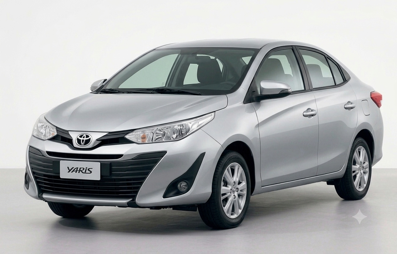 Front three-quarter view of a silver metallic Toyota Yaris sedan parked on a clean city street.