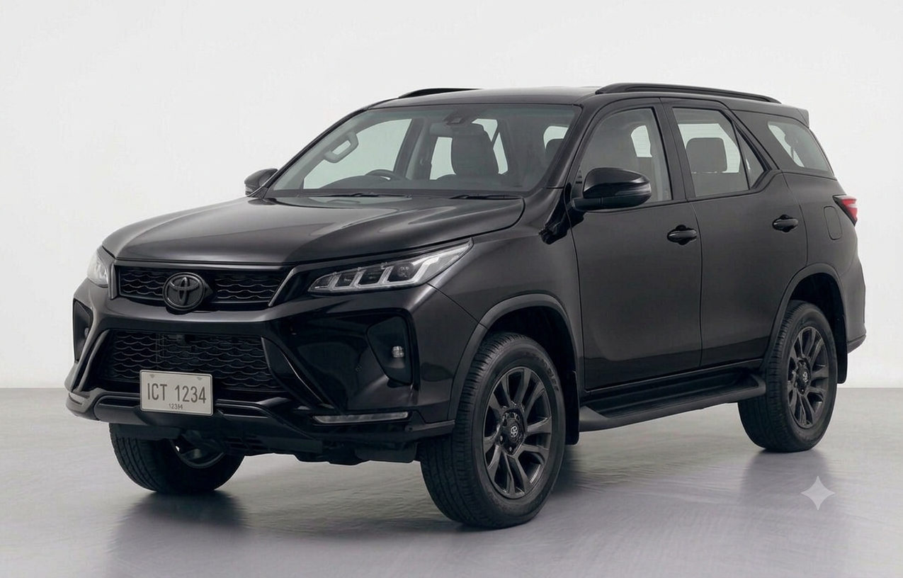 Front three-quarter view of a sleek black Toyota Fortuner SUV parked, showcasing its bold front grille and LED headlights.